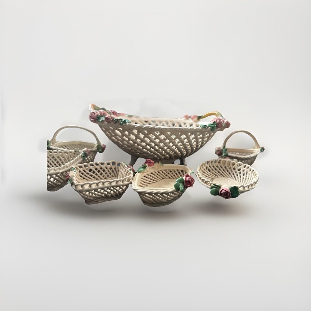 Vintage Woven‎ Italy Campidomite Basket And Trinket Boxes Porcelain (belleek??)